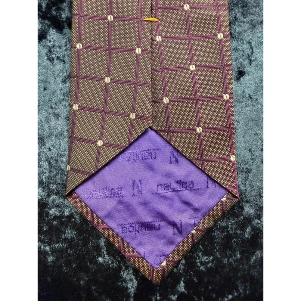 Nautica Men's 100% Silk Tie Brown Purple Grid Geometric Made Austria 4